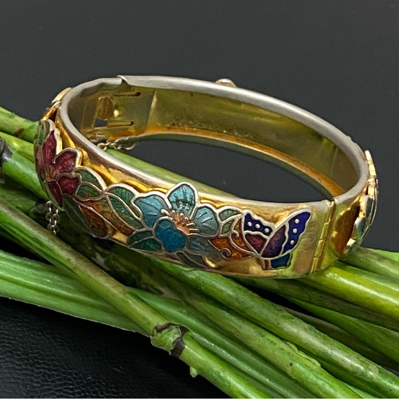 Vintage Unsigned Gold-tone Floral Flower Cloisonne Hinged Bangle Bracelet 36.2g - Picture 1 of 16